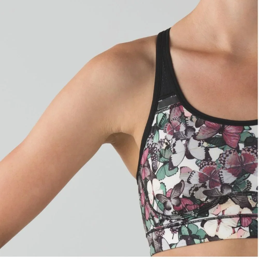 Lululemon Sweaty Or Not Bra II So Fly Butterfly Angel Wing Multi/Black 6